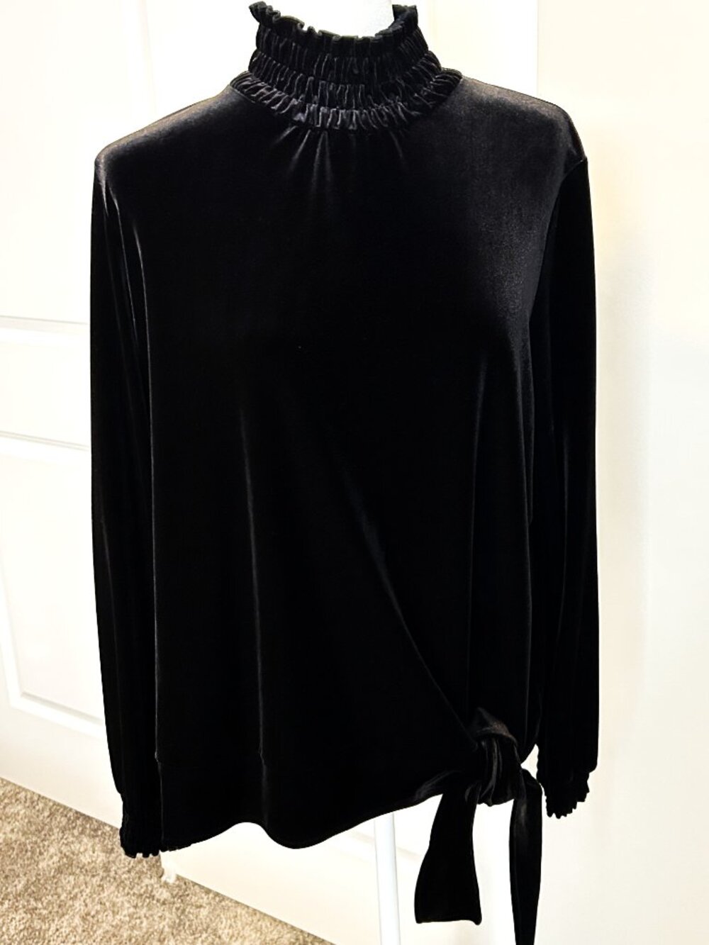 J Jill black velvet smocked turtleneck side tie top, size L - Picture 2 of 7